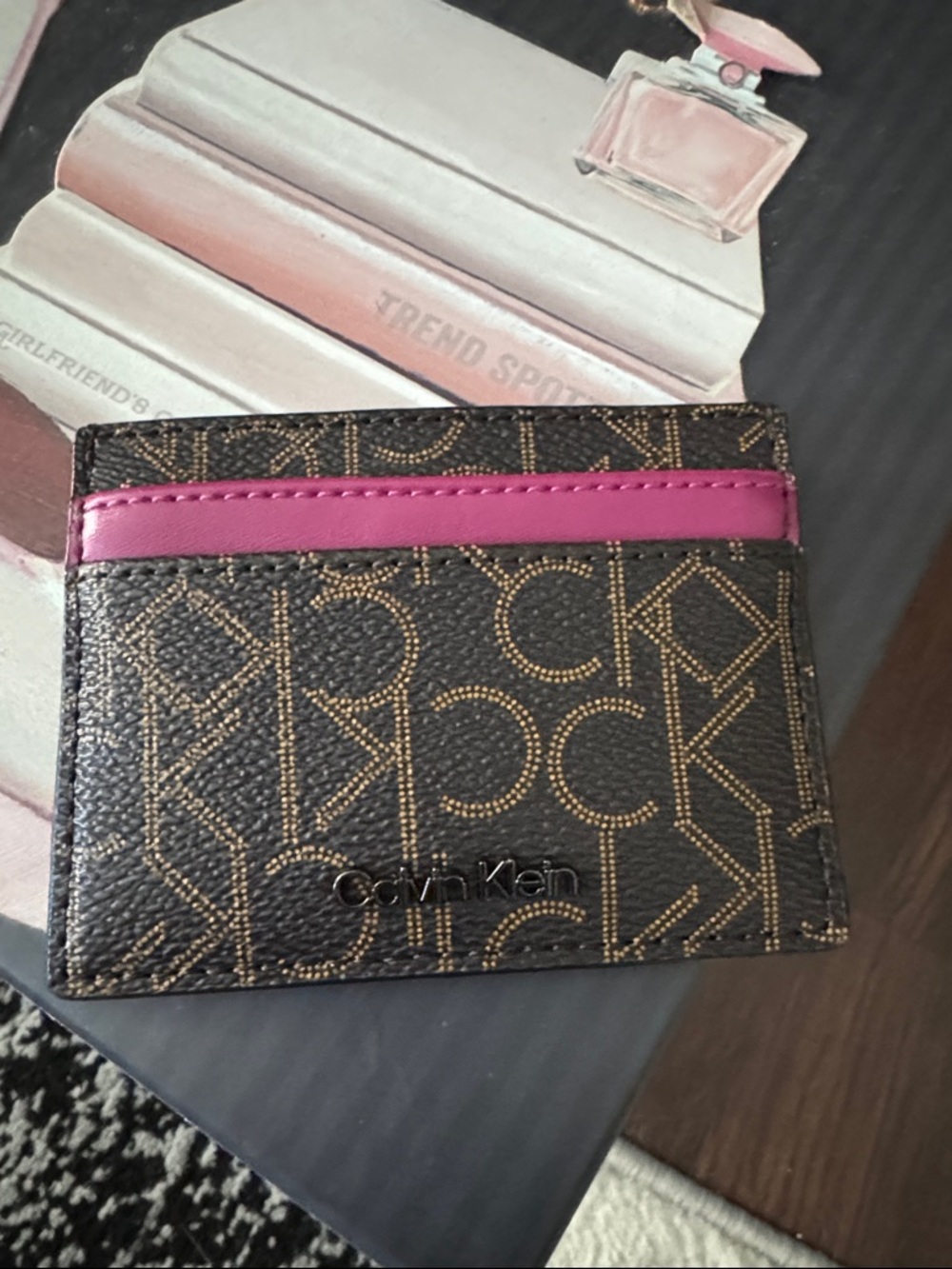 Calvin Klein Brown Monogram Card Holder with Pink Trim